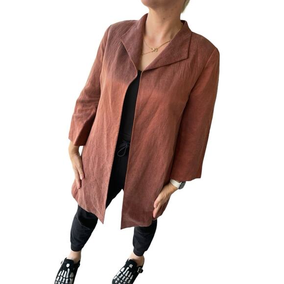 Eileen Fisher Rust Organic Linen Silk Satin Open Front Coat Sz. Medium MSRP $398 - Picture 1 of 6